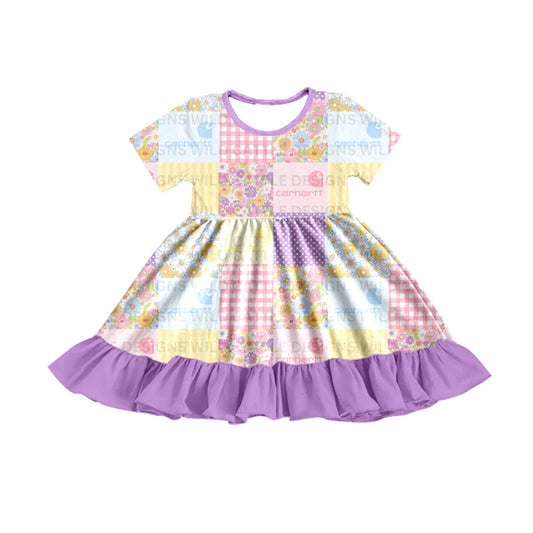 Baby Girls Purple Western Patchwork Summer Ruffle Knee Length Dresses preorder(moq 5)