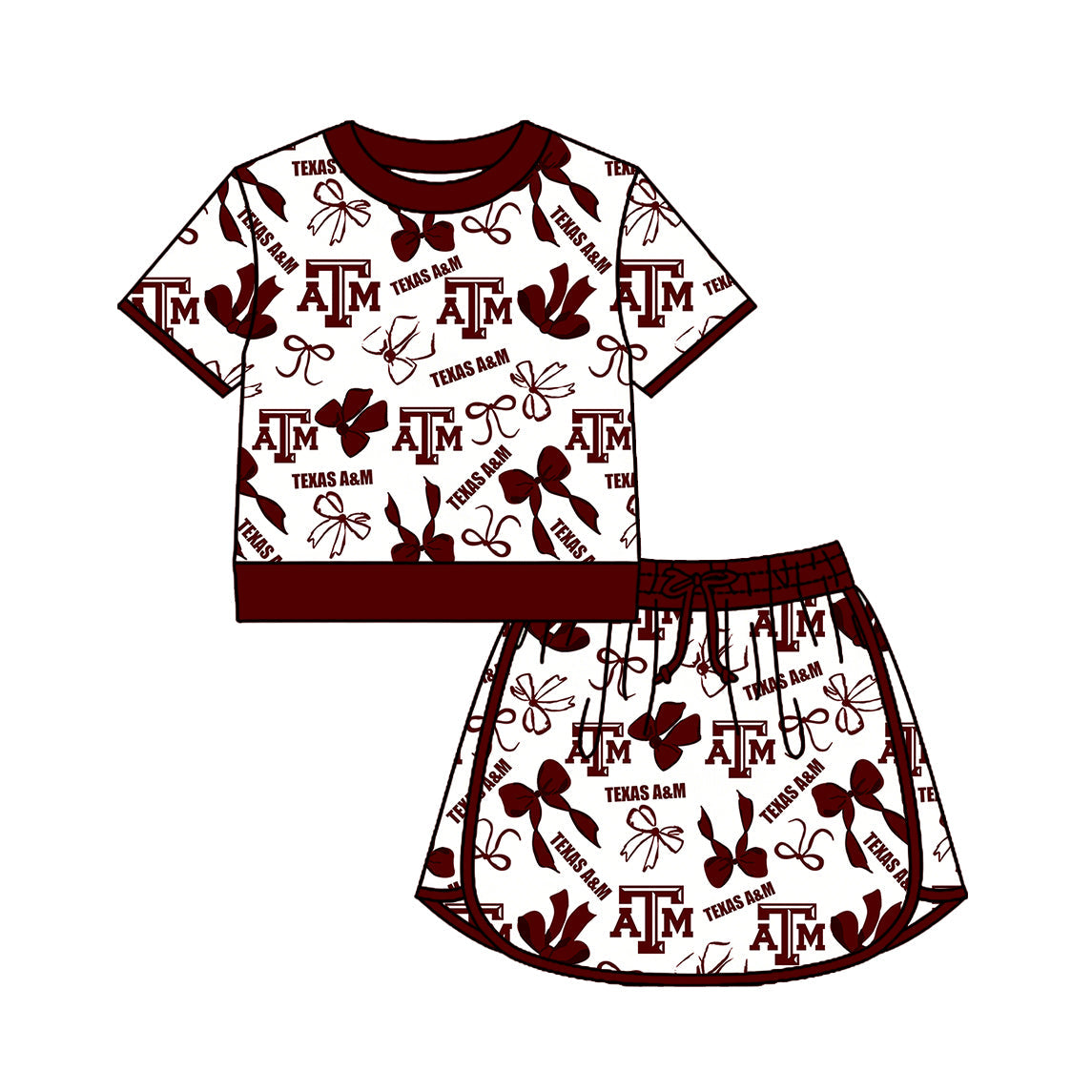 Preorder (moq 5)Baby Girls Bows Texas A&M Top Skirt Short Team Clothes Set