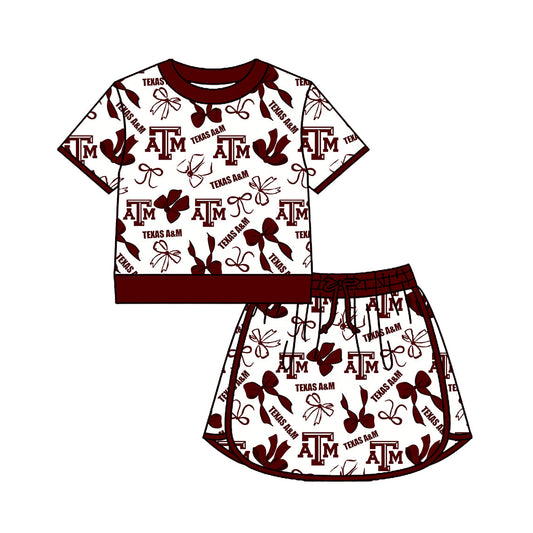 Preorder (moq 5)Baby Girls Bows Texas A&M Top Skirt Short Team Clothes Set