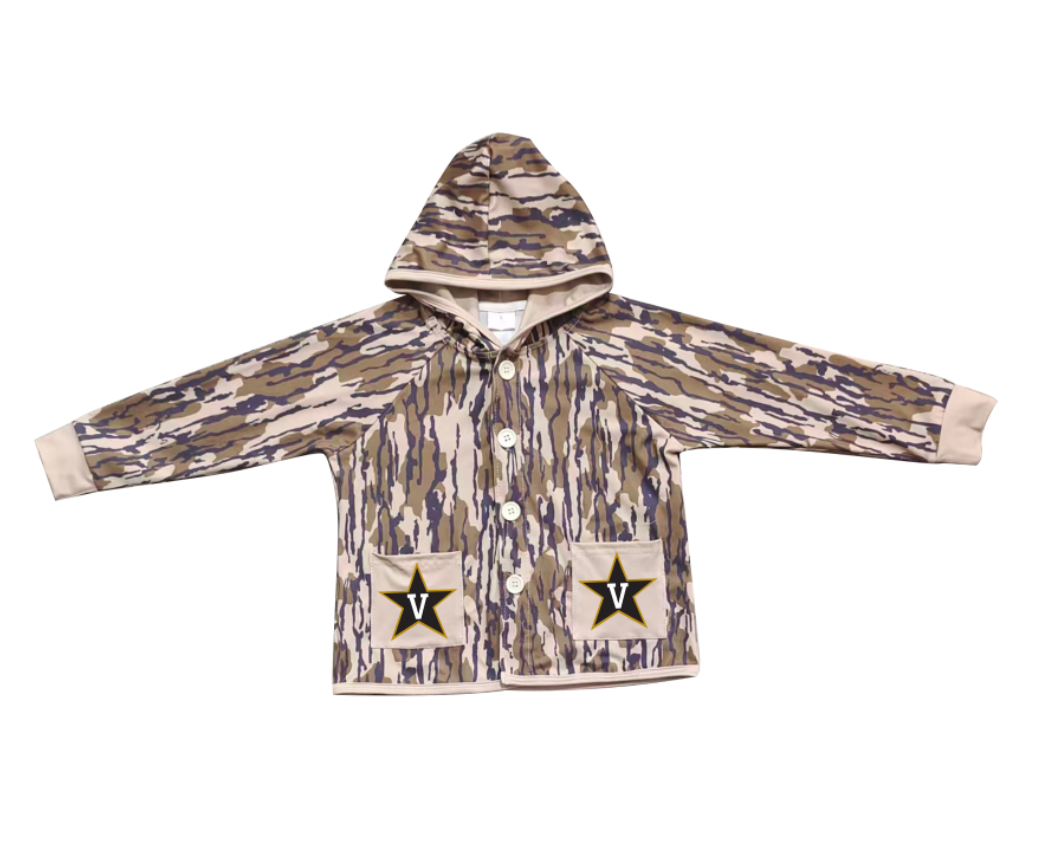 Preorder (moq 5)Baby Boys Olive Camo V Stars Pockets Team Button Hoodie Jackets Top