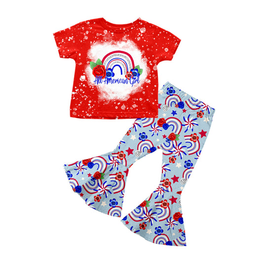 Baby Girls 4th Of July Rainbow Flowers Top Bell Bottom Pants Clothes Sets preorder(moq 5)