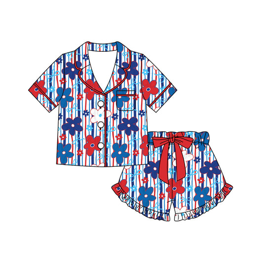 Preorder (moq 5)Baby Girls Red Blue Stripe Flowers Button Pocket Top Ruffle Shorts 4th of July Pajamas Set