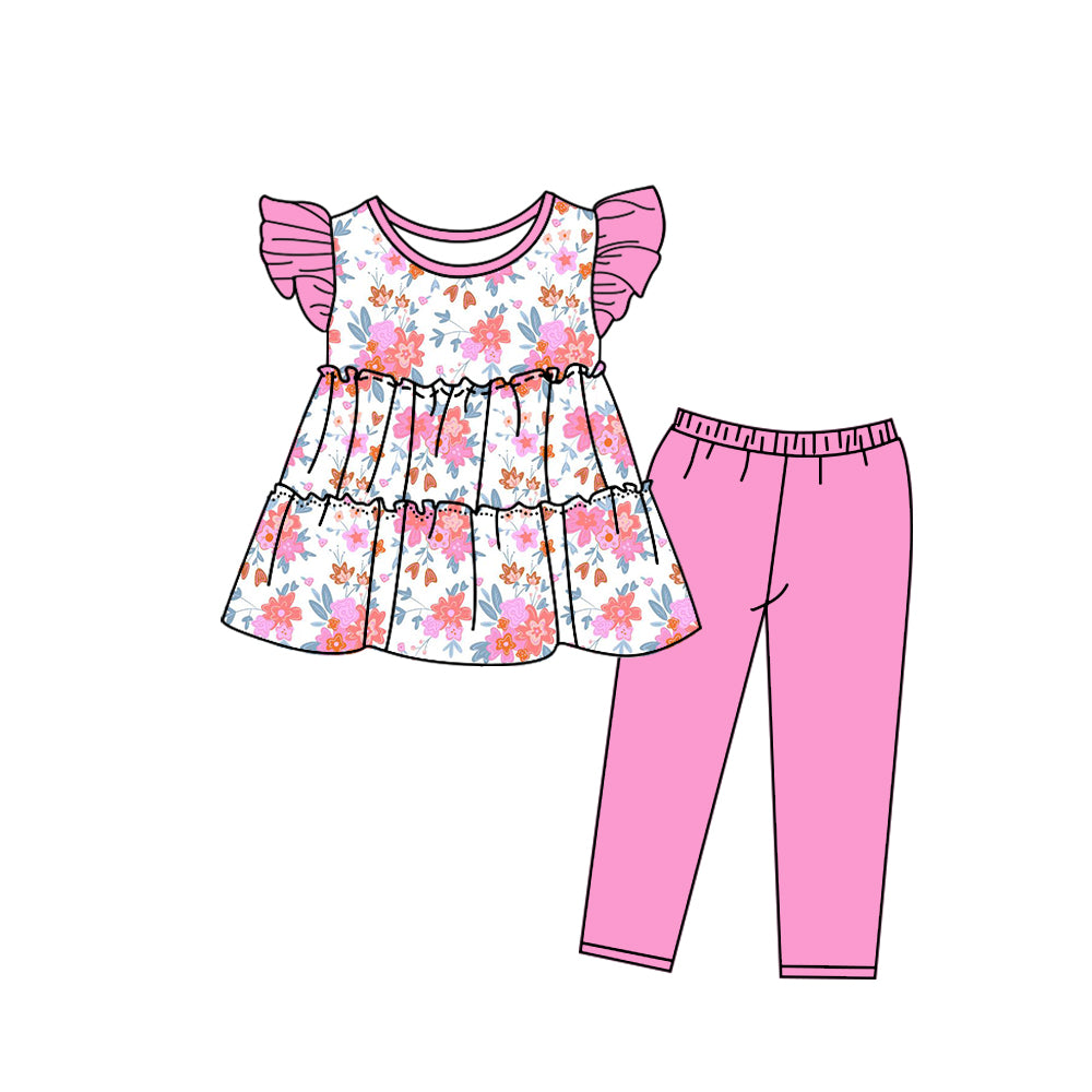 Baby Girls Blue Pink White Flowers Tunic Top Legging Pants Clothes Sets preorder (moq 5)