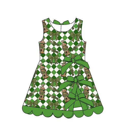 Preorder (moq 5)Baby Girls Green Checked Bows Ducks Hunting Short Scallop Knee Length Dress