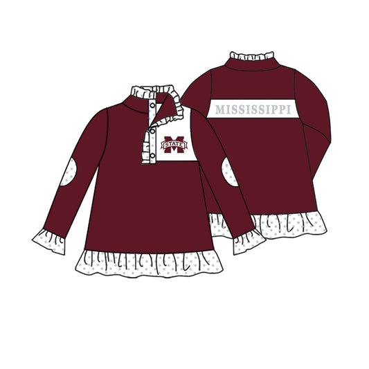 Preorder (moq 5)Baby Girls Red Long Ruffle Sleeve M State Mississippi Team Zip Pullovers Top