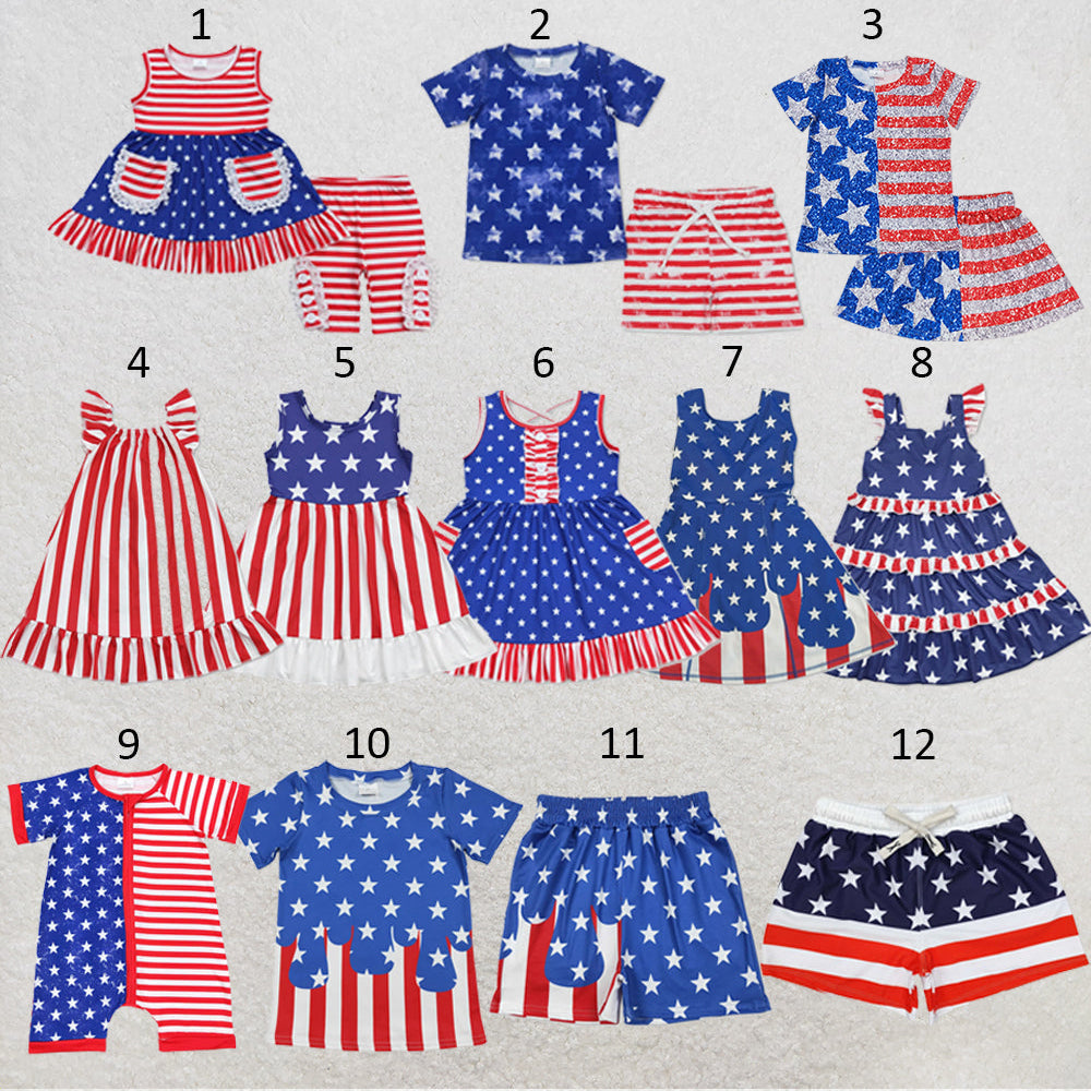 Sibling Baby Girls Stars Stripe 4th of July Shorts Clothes Sets Knee Length Dresses