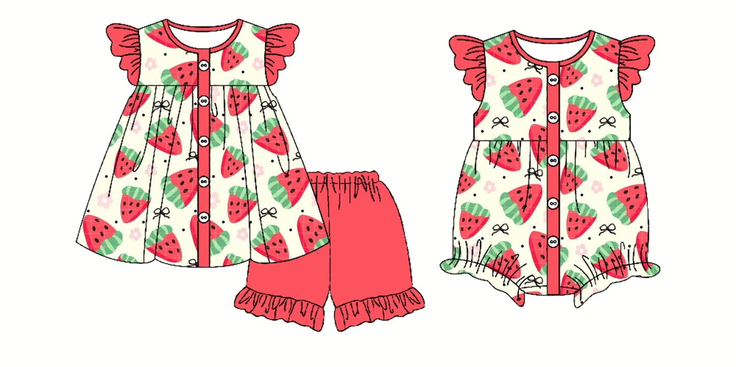 Preorder moq 5 Custom Baby Girls Flutter Sleeves Strawberry Tunic Ruffle Short Set Rompers