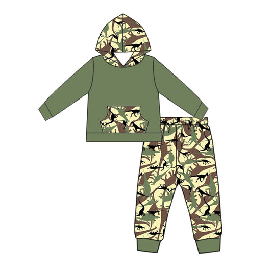 Baby Boys Camo Fall Dinosaur Hooded Top Pants Clothes Sets Preorder(moq 5)