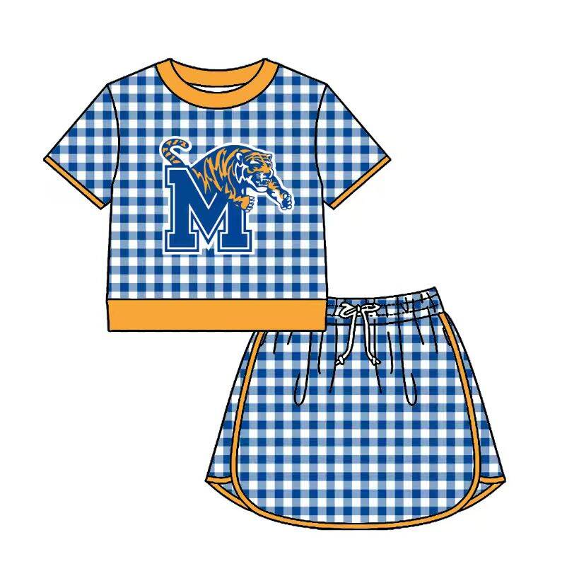 Preorder (moq 5)Baby Girls Blue Checked M Tigers Top Skirt Short Team Clothes Set