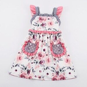 Baby Girls Grey Floral Straps Knee Length Dresses preorder(moq 5)