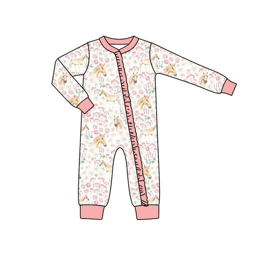 Baby Girls Horse Flowers Long Sleeve Zip Bamboo Rompers Preorder(moq 5)