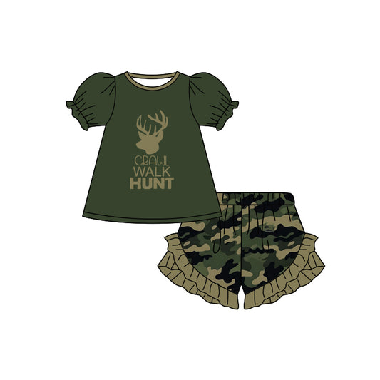 Baby Girls Deer Navy Shirt Camo Ruffle Shorts Clothes Sets Preorder(moq 5)