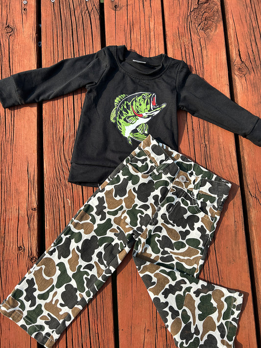 Baby Boys Fishing Black Tee Brown Camouflage Denim Pants Clothes Sets