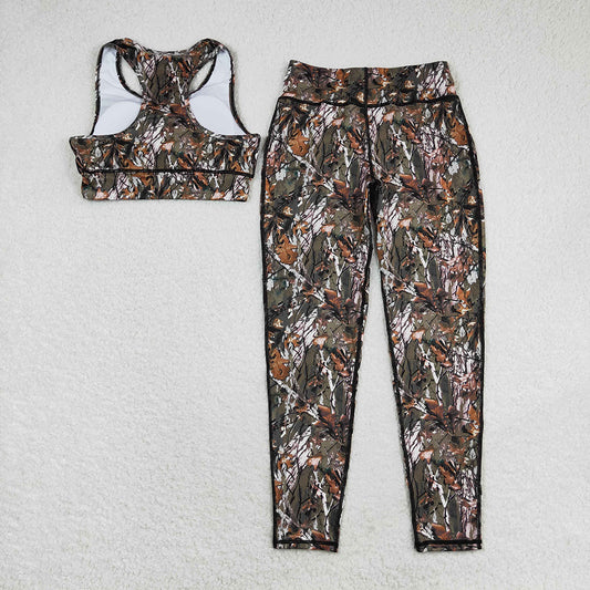 Adult Women Camo Leaves Vest Top Pants Yogo Sports Clothes Sets