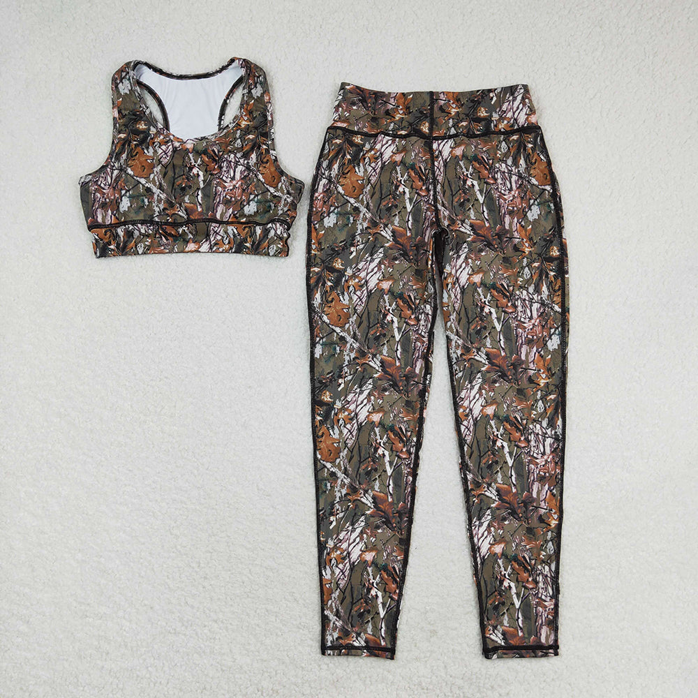 Adult Women Camo Leaves Vest Top Pants Yogo Sports Clothes Sets