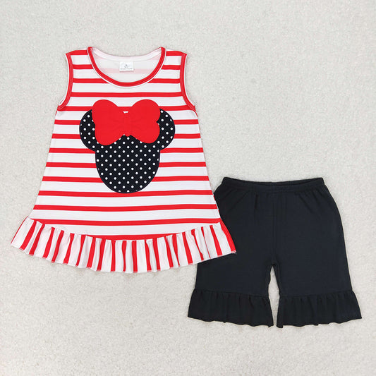 Baby Girls Red Stripes Mouse Cartoon Tunic Ruffle Shorts Clothes Sets
