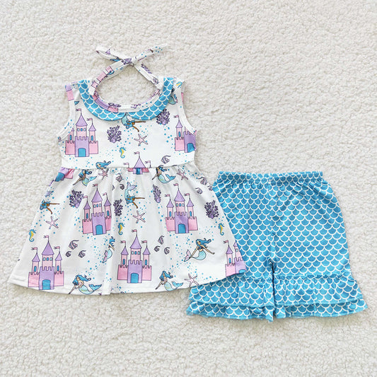 Baby Girls Castle Mermaid Ruffle Shorts Clothes Sets