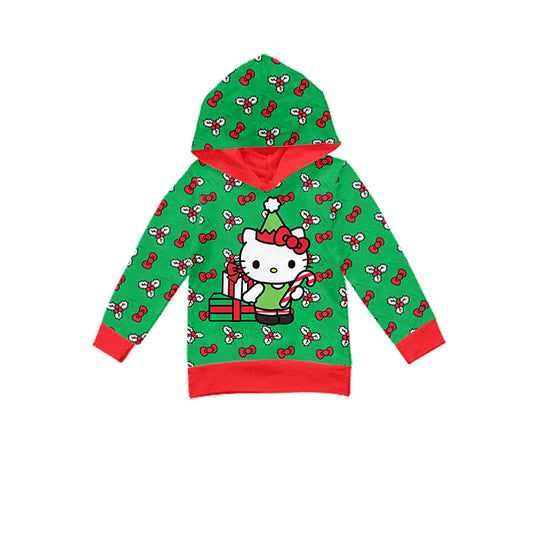 Baby Girls Green Cartoon Cats Long Sleeve Hooded Shirts Tops Preorder(moq 5)