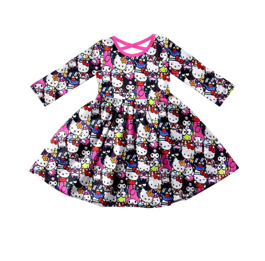 Baby Girls Black Color Cartoon Cats Long Sleeve Knee Length Dresses preorder(moq 5)