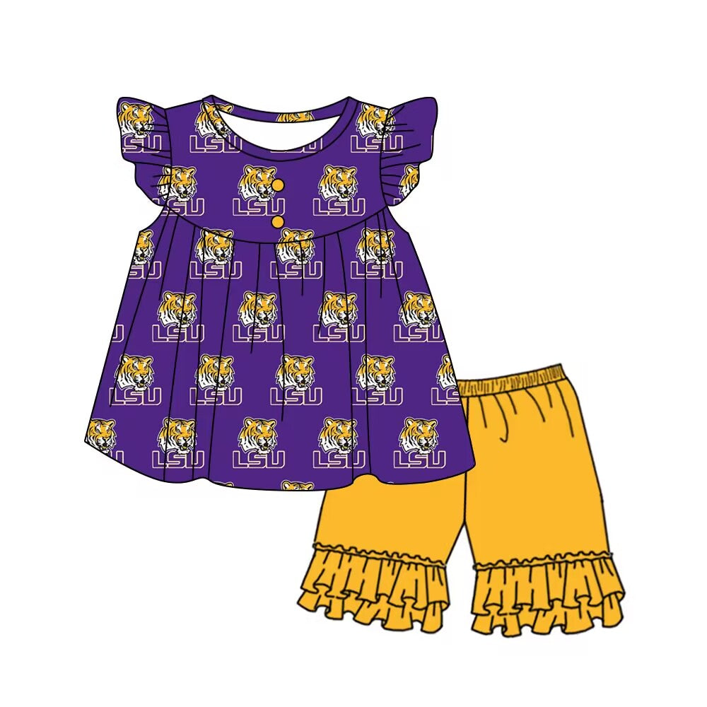Baby Girls LSU Tiger Team Tunic Top Ruffle Shorts Outfits Clothes Sets Preorder(moq 5)