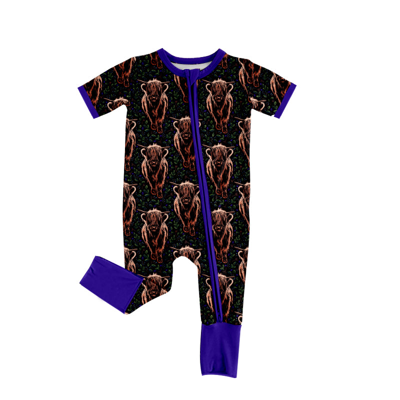 Baby Infant Girls Purple Highland Cows Short Sleeve Rompers preorder(moq 5)