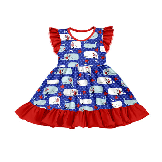 Baby Girls 4th Of July Whale Flutter Sleeve Knee Length Dresses preorder(moq 5)