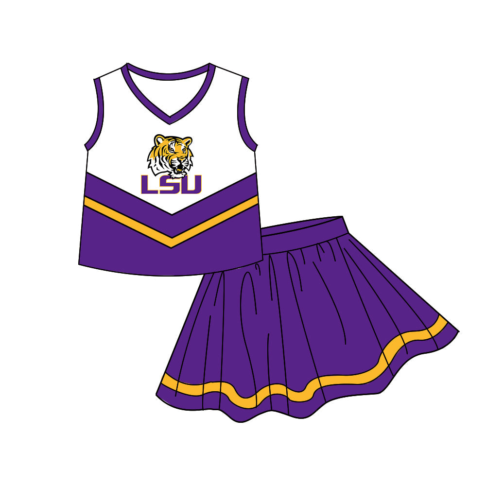 Preorder (moq 5)Baby Girls Sleeveless LSU Tigers Vests Skirt Shorts Team Clothes Sets