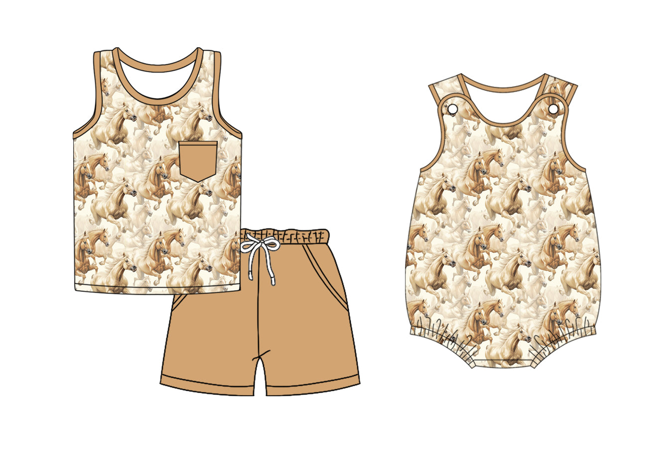 Preorder moq 5 Custom Baby Boys Khaki Horses Top Pockets Short Set Rompers
