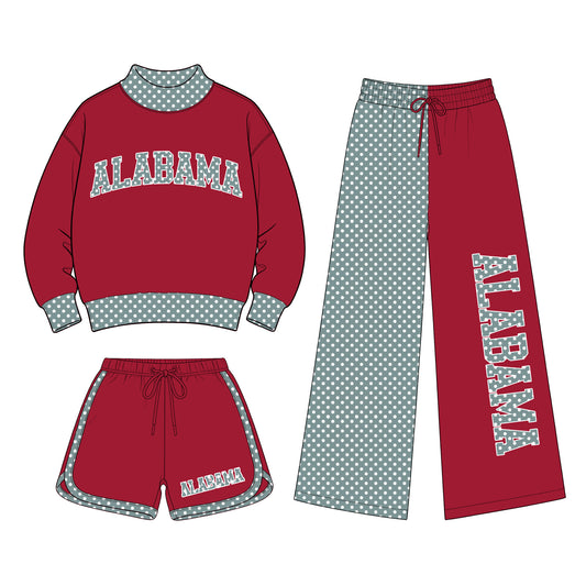 Preorder (moq 5) Baby Girls Alabama Shirt Shorts Flare Pants Team Three Pieces Clothes Sets