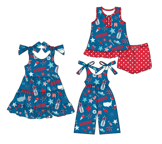 Preorder moq 5 Custom Baby Girls Navy Stars Flags Button Tunic Red Polka Dots Short 4th Of July Set Knee Length Dress Jumpsuits