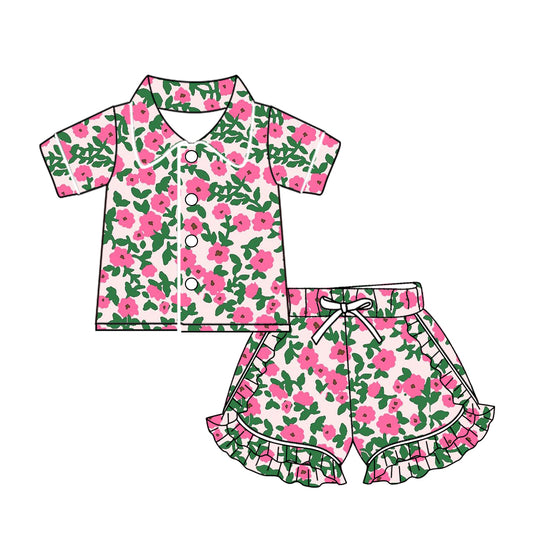 Baby Girls Pink Green Flowers Buttons Top Ruffle Shorts Pajamas Sets preorder(MOQ 5)