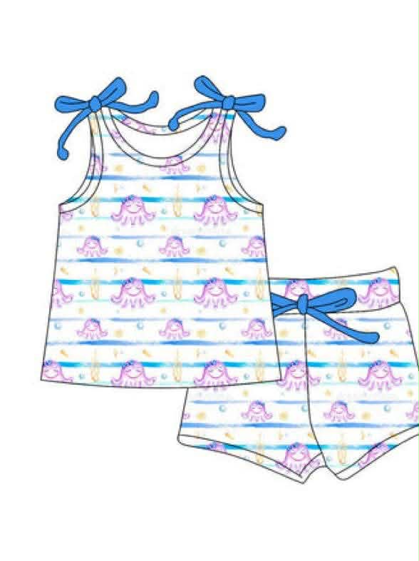 Preorder moq 5 Baby Girls Octupos Shirt Top summer Clothes Set