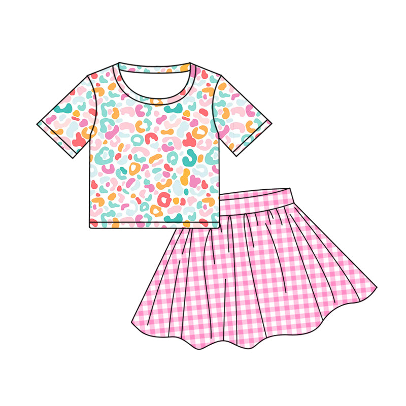 Preorder(moq 5)Baby Girls Leopard Tee Shirt Pink Checkered Skirts Clothes Sets