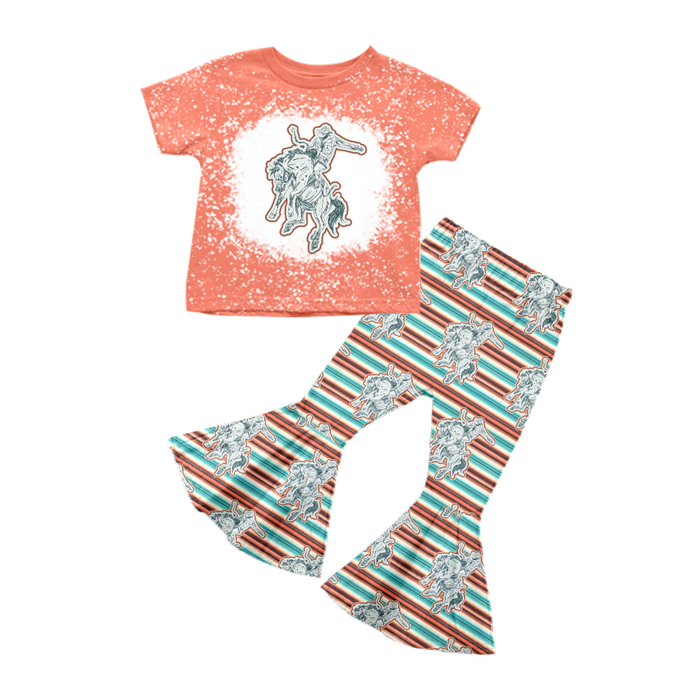 Baby Girls Western Horse Tee Top Stripes Bell Pants Clothes Sets preorder(MOQ 5)