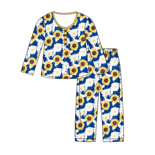 Adult Women Blue Sunflower Long Sleeve Tee Shirts Pants Pajamas Sets Preorder(moq 5)