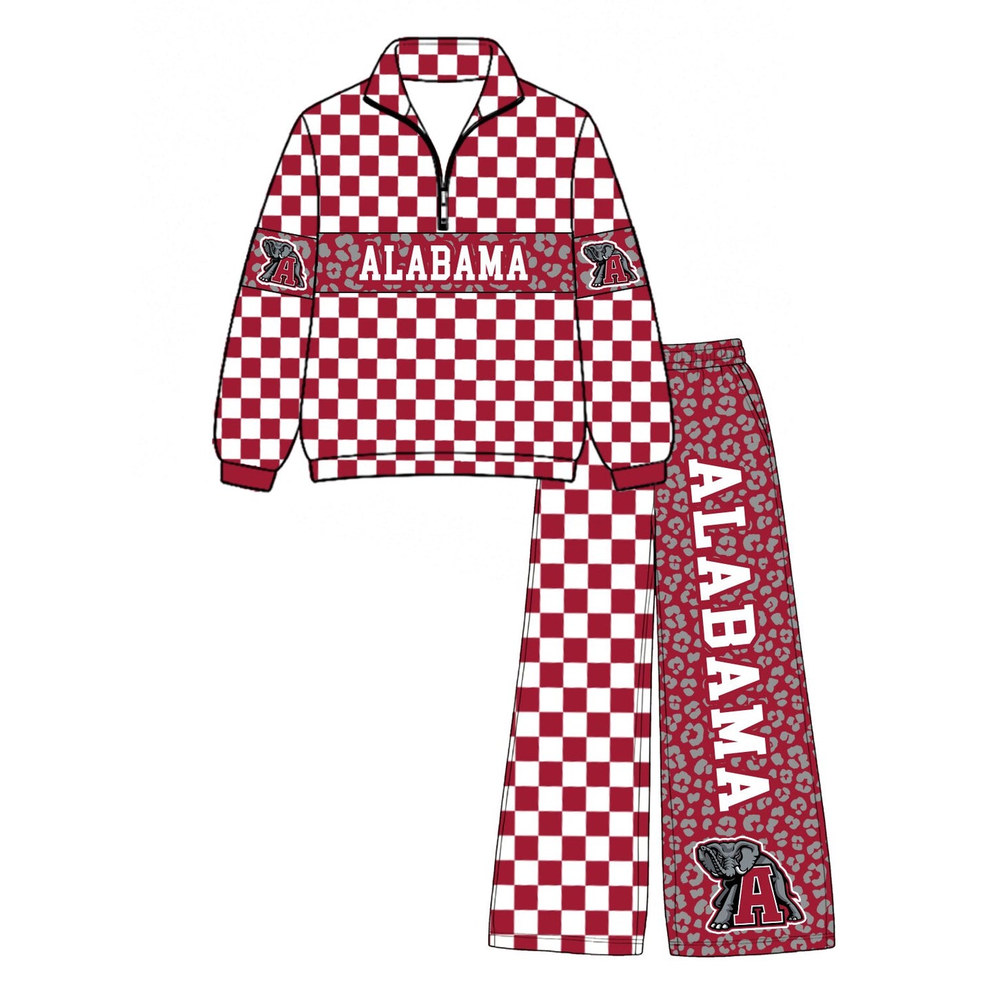 Preorder(moq 5)Baby Boys Red Checked Leopard Alabama Zip Pullover Pockets Pants Team Clothes Sets