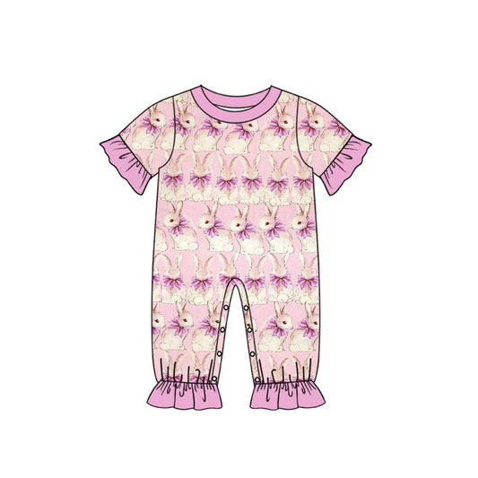 Preorder (moq 5) Baby Girl Clothes Vintage Bunny Purple Bow Allover Print Short Sleeve Ruffle Button Romper