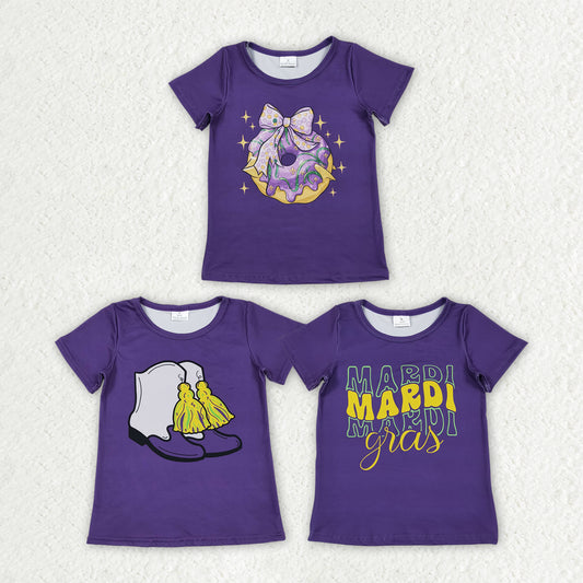 Sibling Baby Girls Purple Short Sleeve Bow Donuts Boots Tassel Mardigras T-shirts Tops