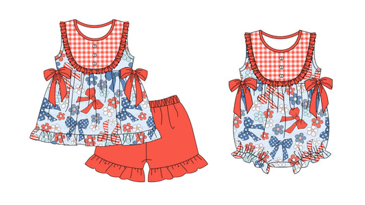 Preorder(moq 5 each)Sibling Baby Girls 4th Of July Bows Tunic Top Shorts Bows Rompers Clothes Sets