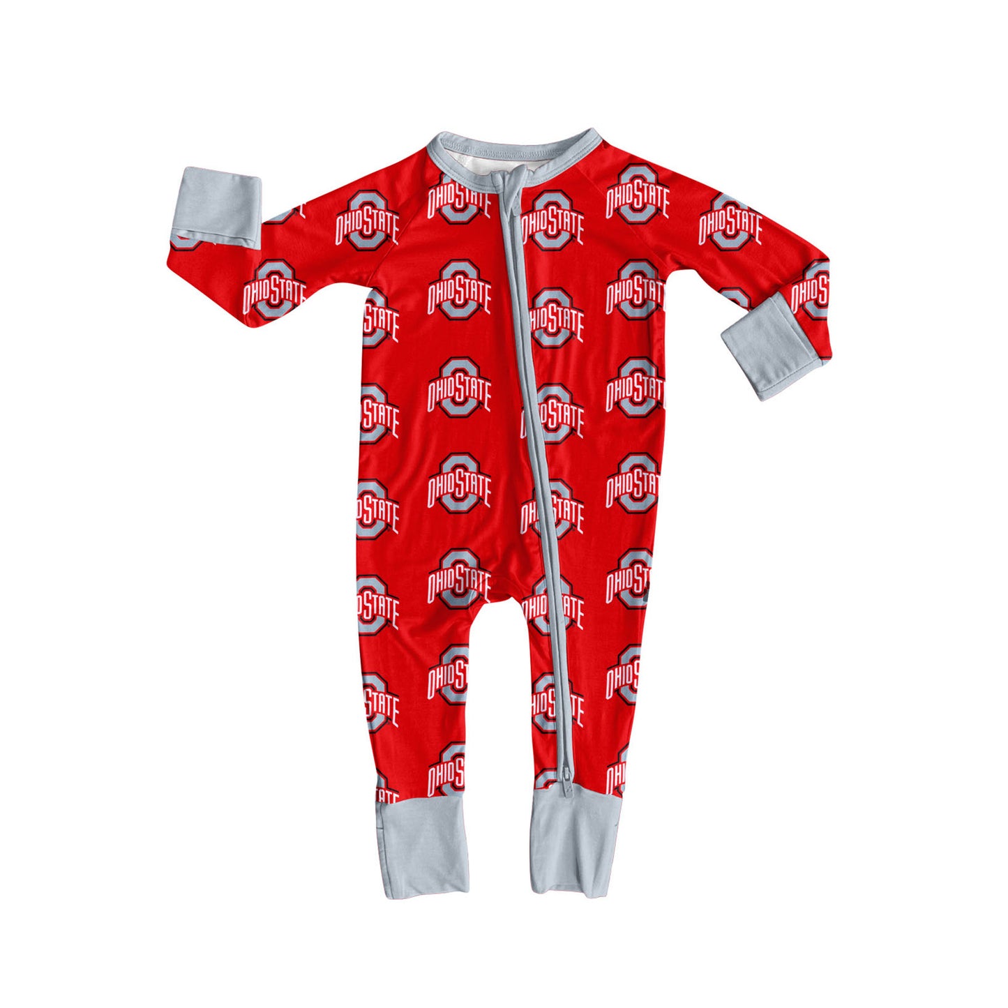 Preorder moq 5 Baby Infant Boys Red Long Sleeves Ohiostate Plaid Zipper Romper