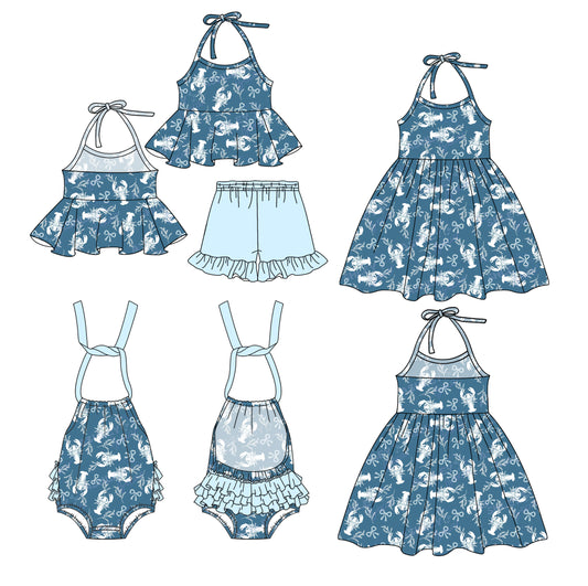 Preorder moq 5 Custom Baby Girls Blue Strap Bows Crayfishes Tunic Ruffle Short Set Knee Length Dress And Rompers