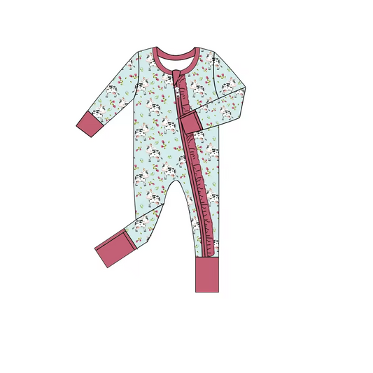 Baby Infant Girls Cow Small Flowers Zip Rompers preorder(moq 5)