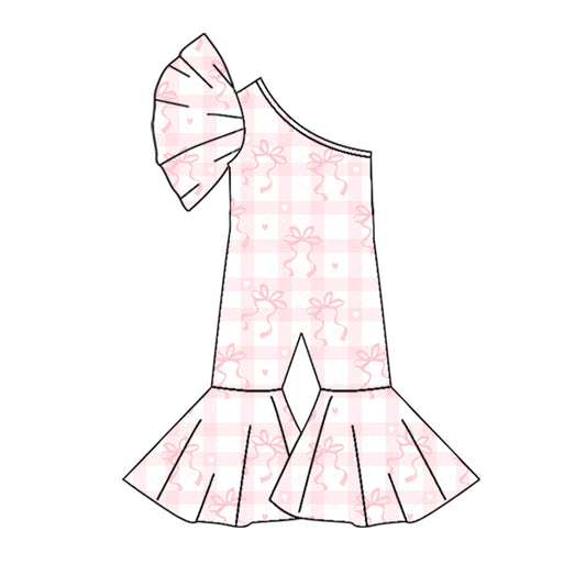 Baby Girls Pink Checkered Bows One Shoulder Jumpsuits preorder(MOQ 5)