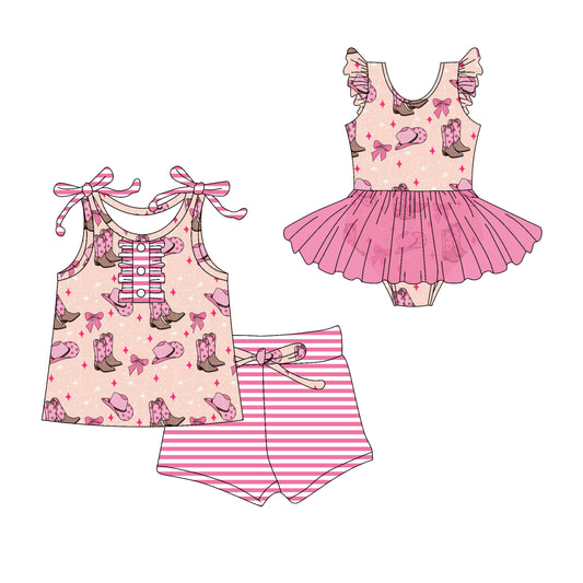 Preorder moq 5 Custom Baby Girls Pink Strap Boots Hats Bows Button Top Stripe Short Set Skort Bummise Romper