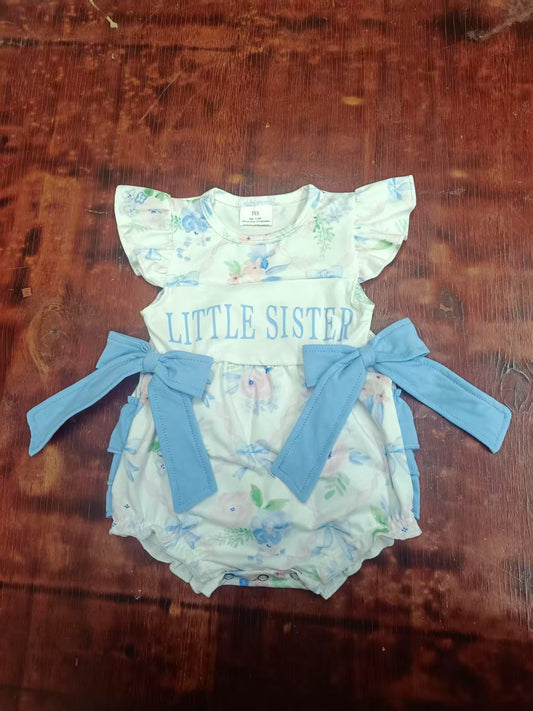 Preorder moq 5 Baby Girls Flutter Sleeves Little Sister Bows Floral Ruffle Rompers