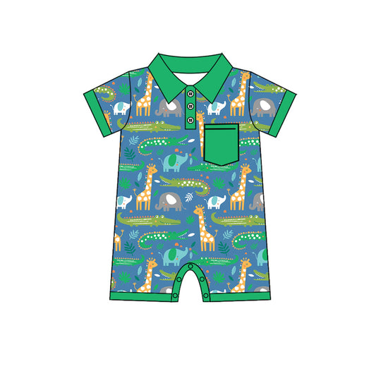 Preorder(moq 5)Baby Infant Boys Green Giraffee Buttons Sleepers Rompers