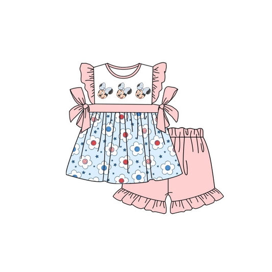 Baby Girls Pink Cartoon Mouse Tunic Top Ruffle Shorts Clothes Sets order preorder (moq 5)