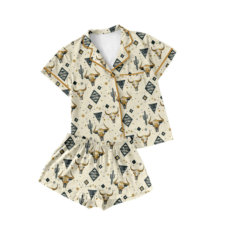 Preorder(moq 5)Adult Women Western Wild Cow Cactus Buttons Tee Shirts Shorts Pajamas Sets