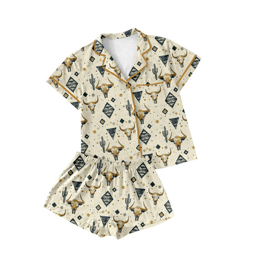 Preorder(moq 5)Adult Women Western Wild Cow Cactus Buttons Tee Shirts Shorts Pajamas Sets