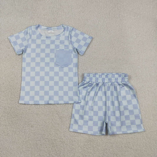 Baby Boys Blue Checked Pocket Top Shorts Pajamas Clothes Sets